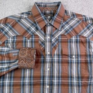 Stetson Shirt Men XL Brown Plaid Rustic Western Pearl Snap Cowboy Yoke Flip Cuff